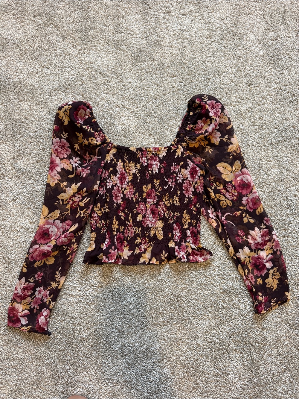 Express Burgundy Floral Smocked Long-Sleeve Crop Top